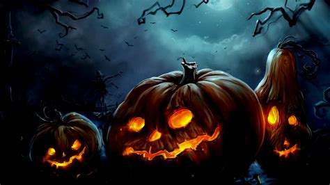 Lighted Pumpkins In The Night Wallpaper And Background Image 1600x900