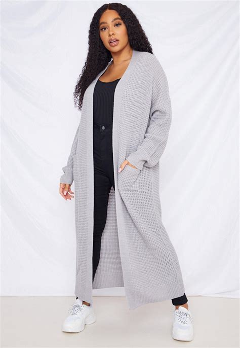 Plus Size Grey Waffle Patch Pocket Knitted Cardigan Missguided Ireland