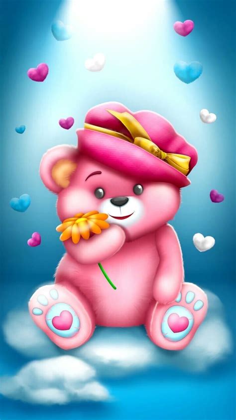 A Pink Teddy Bear Sitting On Top Of A Cloud Holding A Flower In Its Mouth