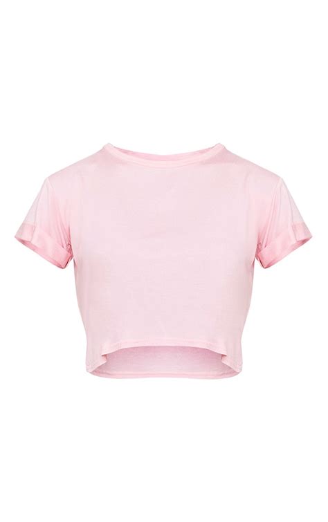 Basic Baby Pink Roll Sleeve Crop T Shirt Tops Prettylittlething Aus