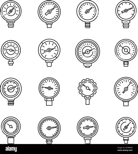 Gauge Manometer Icons Set Outline Vector Pressure Meter Machine