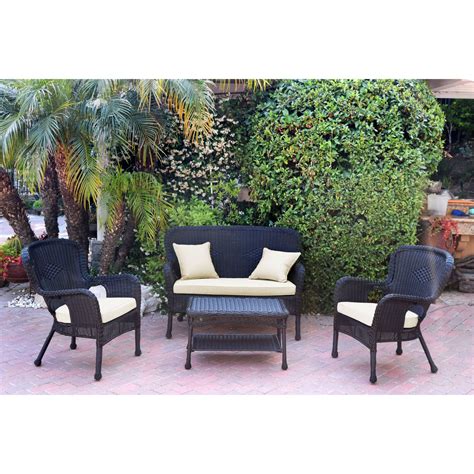 4 Piece Black Wicker Outdoor Furniture Patio Conversation Set Ivory