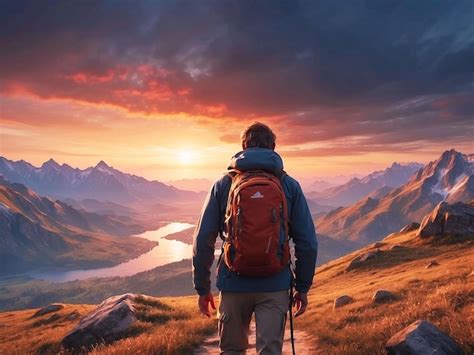 Premium Psd Men Hiking Mountain Peak Enjoying Nature Beauty In Sunset