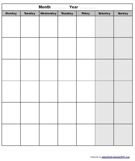 Blank Calendar Template Starting With Monday Example Calendar Printable