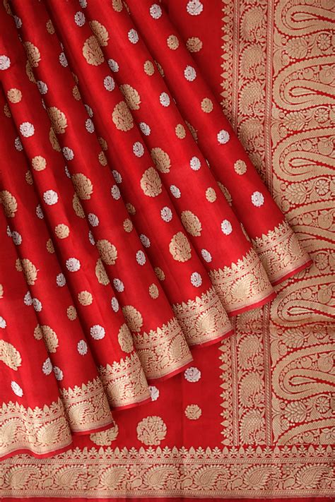 Red Pure Banarasi Silk Saree With Woven Butta And Paisley Motif Border And Pallu Silk Sarees