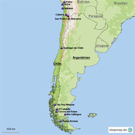 Auf der folgenden chile karte sind unsere reisebausteine eingezeichnet, sodass sie einen überblick bekommen, welche orte und regionen wir anbieten und wo sich diese befinden. StepMap - Chile & Argentinien - Landkarte für Chile