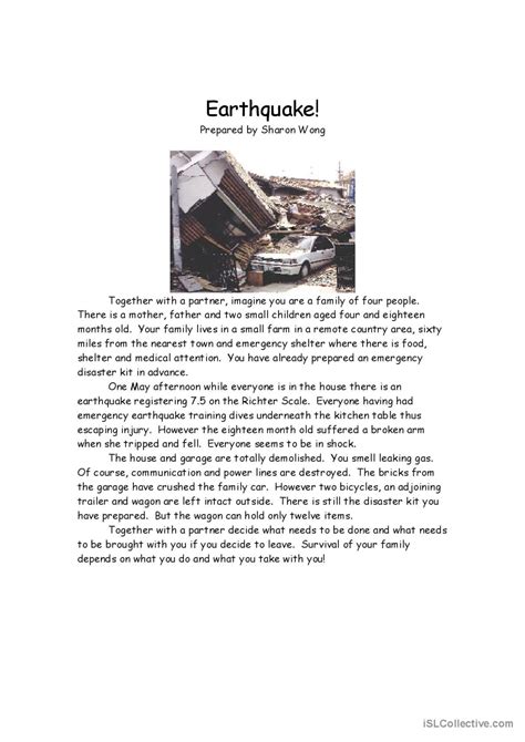 Earthquake Survival Situation English Esl Worksheets Pdf And Doc