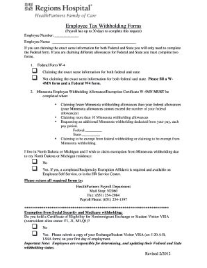 Fillable Online Employee Tax Withholding Form Regions Hospital Fax