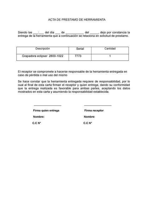 Carta DE Entrega DE Material ACTA DE PRESTAMO DE HERRAMIENTA Siendo