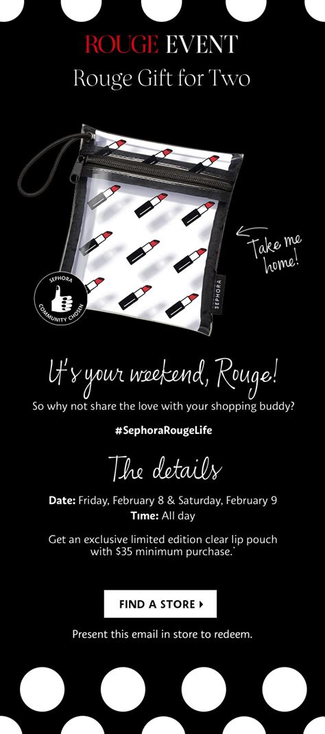 Enjoy a free gift with this sephora coupon code and purchase for a limited time. SEPHORA CANADA ROUGE FLASH YOUR CARD YOU & A FRIEND EVENT ...