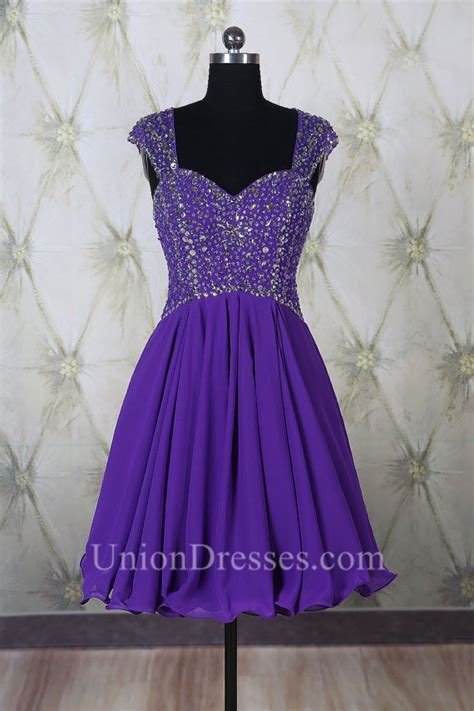 A Line Sweetheart Open Back Short Purple Chiffon Beaded Prom Dress With