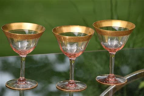 Vintage Pink Gold Rimmed Encrusted Cocktail Martini Glasses Set Of 4 1930s Cocktail Glasses
