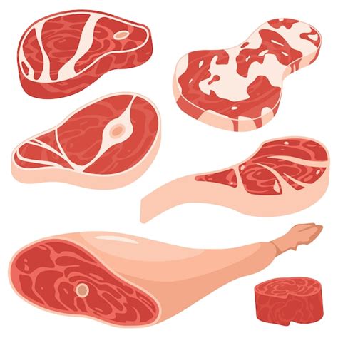 Premium Vector Fresh Meat Cartoon Set Portion Of Pork And Beef