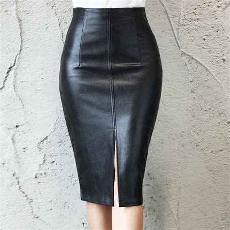 Womens Pencil Skirt Black High Waist Pu Leather Skirts New 2018 High