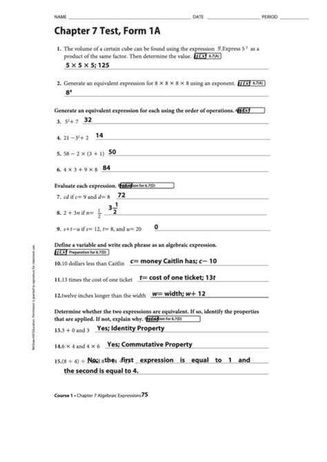 Form 1a Chapter 7 Test Printable Pdf Download