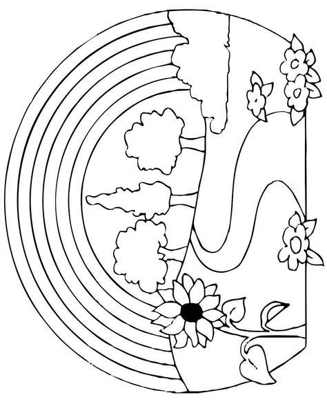 Rainbow With Trees And Flowers Coloring Page In 2020 Nature Drawing