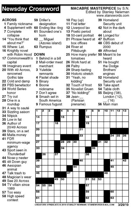 It is hard to disagree that a crossword lover should have a solid lexicon. Newsday Crossword Puzzle for Mar 29, 2019, by Stanley ...