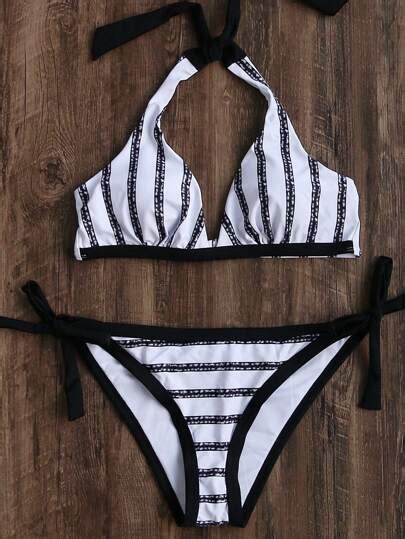 Black And White Striped Halter Bikini Set Sheinsheinside