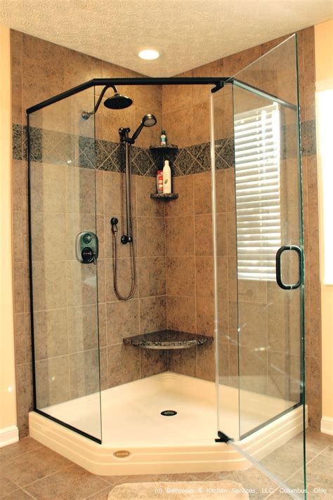 Corner showers can be made with many different materials, including corner shower inserts, ceramic tile, stone, or linoleum. Tiled custom corner shower. | Corner shower, Bathrooms remodel, Remodel