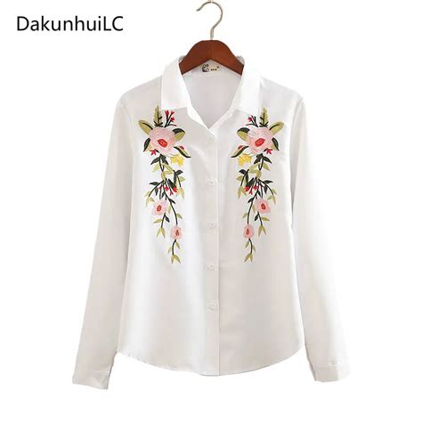 Autumn White Floral Embroidered Women Casual Shirts Flower Pattern Long
