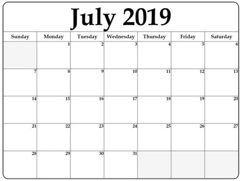 July Printable 2019 Calendar Excel Free Printable Calendar Monthly