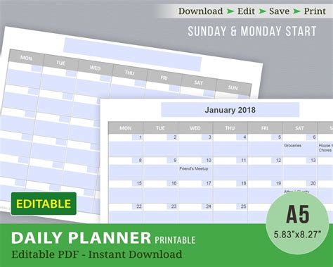 Editable Calendar Template Printable Monthly Calendar Sunday Etsy