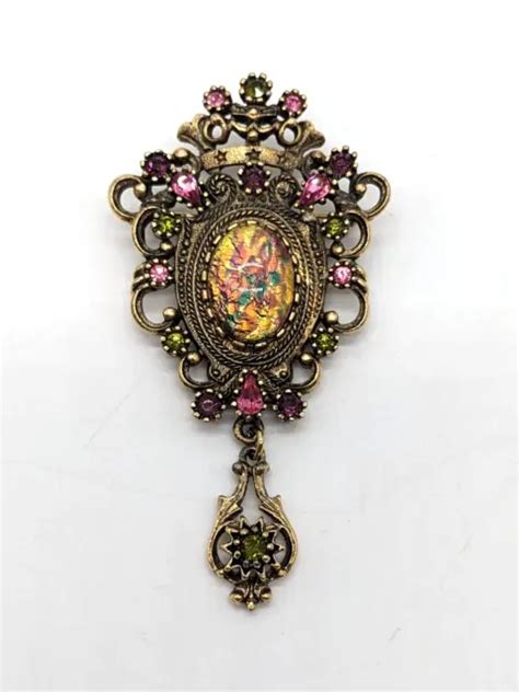 Sarah Coventry Contessa Pink Brooch Pendant Victorian Crown Faux Opal