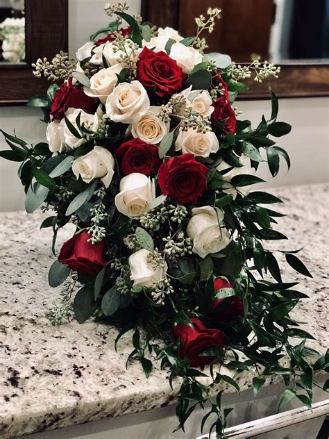My Wedding Bouquet With Deep Red Roses Cream Roses And Greenery