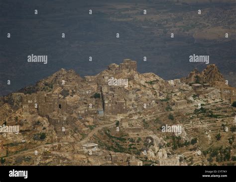 Fortified Village Of Shahara Merging With The Mountain Yemen Stock
