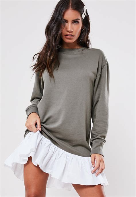 Dark Grey Poplin Frill Hem Sweater Dress Missguided Australia