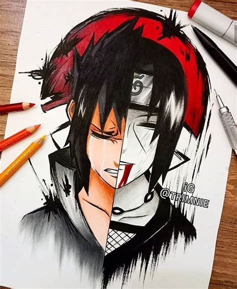 A Drawing Of An Anime Character With Black Hair And Red Eyes Next To