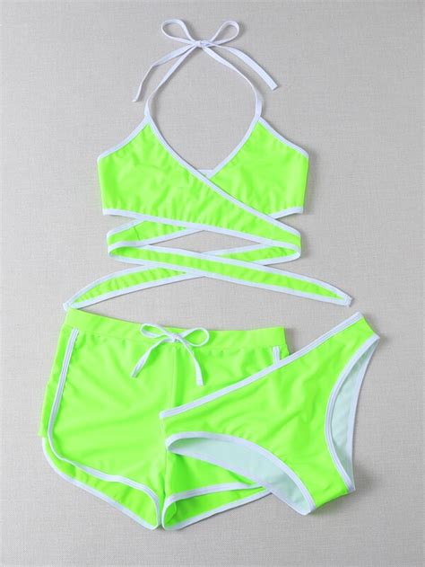 Shein Pack Neon Lime Contrast Binding Halter Bikini Swimsuit Pink Shop