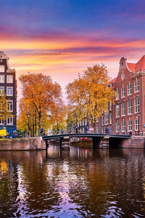 Amsterdam Netherlands Autumn Sunset Scene With Scenic Channels