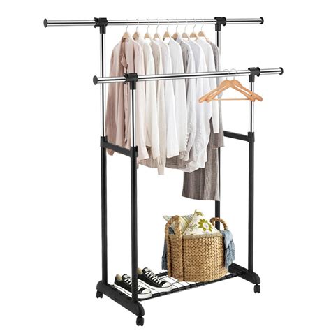 Double Rail Adjustable Portable Clothes Display Hanger Rolling Rack