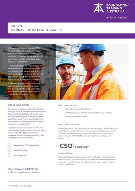 Bsb51319 Diploma Of Work Health And Safety Course Fta