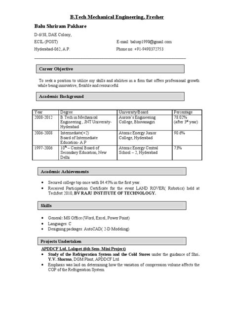 Master's degree with academic project experience related to solar energy or photovoltaic technology preferred. Fresher Resume | Engineering | Science And Technology