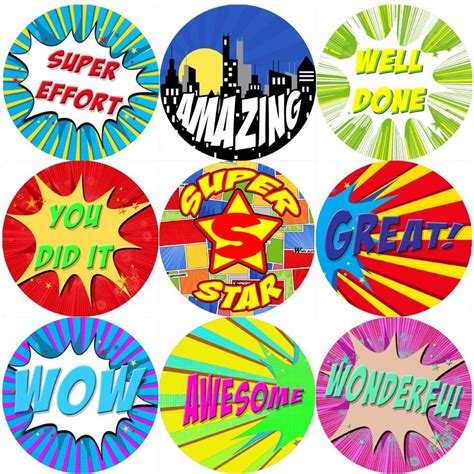 144 Super Hero Comic Praise Words Themed Teacher Reward Stickers