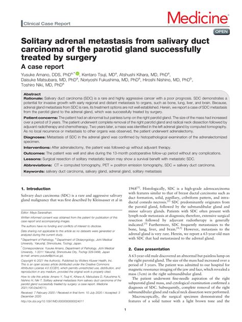 Pdf Solitary Adrenal Metastasis From Salivary Duct Carcinoma Of The