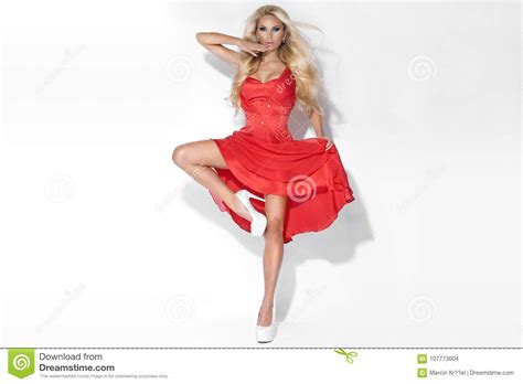 Beautiful Sexy Elegant Blonde Woman In Red Dress Stock Photo Image