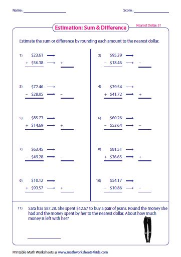 Rounding and Estimating Money Worksheets