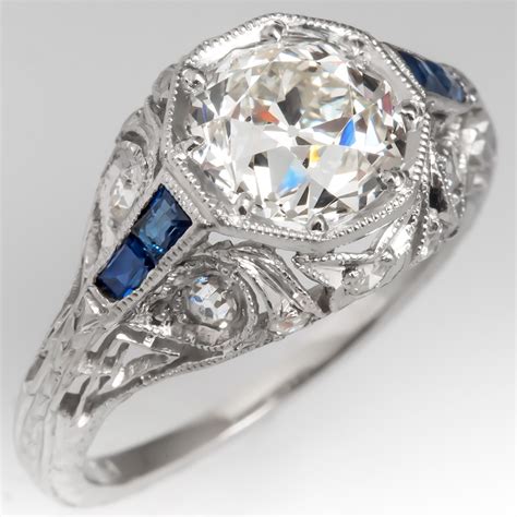 Filigree Art Deco Engagement Ring Old European Cut Diamond W Sapphires