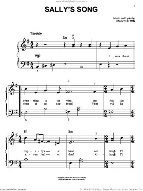 Danny elfman has introduced nightmare before christmas sheet music formedium players including piano, vocal, and guitar songbook with vocal melody, piano complement, lyrics, chord names and diagrams for guitar chord. Elfman - Sally's Song (from The Nightmare Before Christmas) sheet music for piano solo (big note ...