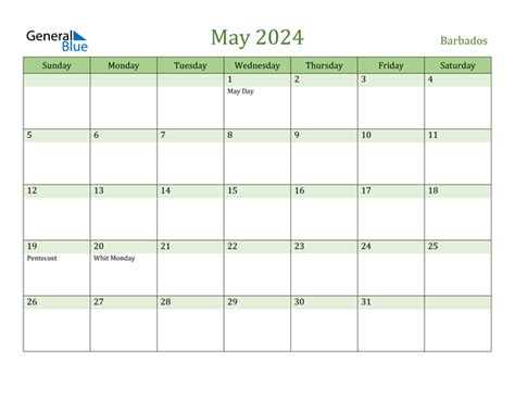 Barbados May 2024 Calendar With Holidays