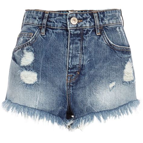 Mid Wash Ripped Denim High Waisted Shorts