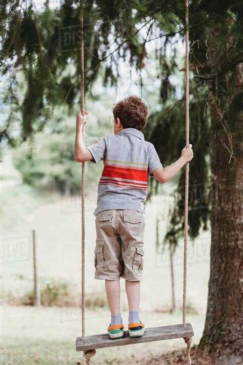 He was glued to the chain link fence that separated him and the cars on the highway. Rear view of boy standing on swing under pine trees ...