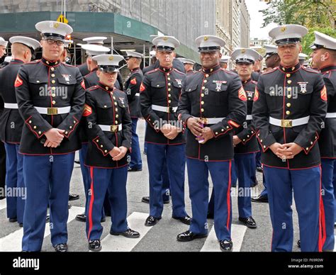 A Group Of United States Marines In Uniform Prior To The 2015 Veterans