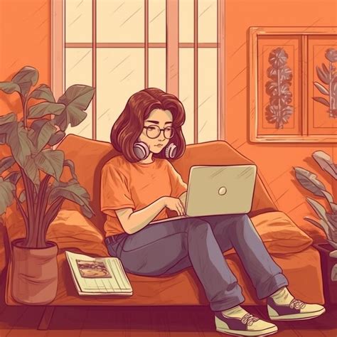 Premium Ai Image A Cartoon Of A Woman Sitting On A Couch With A Laptop In Front Of Her