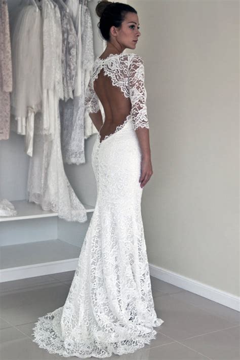 Elegant White Lace Backless Mermaid 12 Sleeve Wedding Dresses Promnova