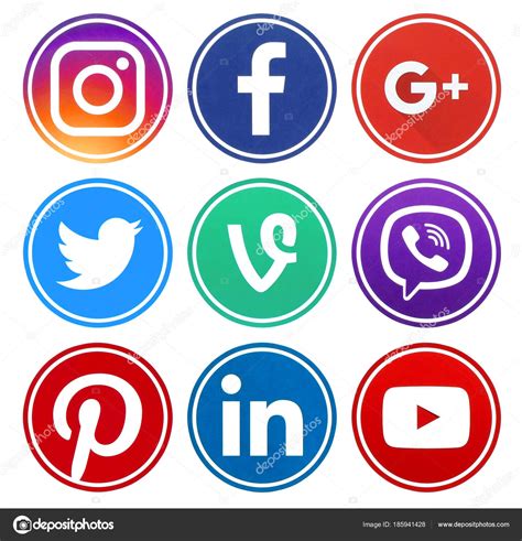 Facebook, twitter, linkedin, youtube, flickr, wordpress, tumblr, evernote, snap chat, android, apple, reddit. Popular circle social media icons with rim - Stock ...