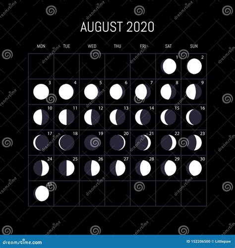 Moon Phases Calendar For 2020 Year August Night Background Design